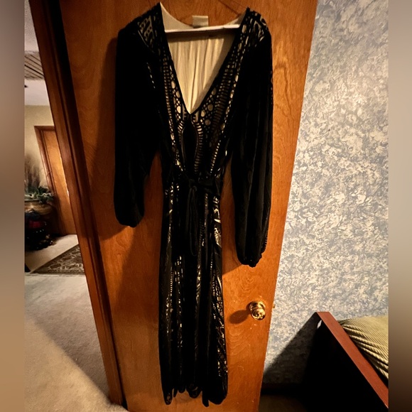 Farm Rio Anthropologie Medium Devore Fringed Maxi Dress Crochet Lace Black - Picture 10 of 15